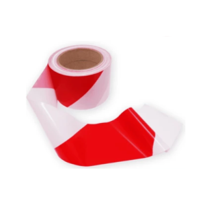 Rouleau de rubalise de balisage non-adhésive avec rayures obliques rouges et blanches, partiellement déroulé.