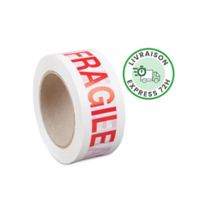 Rouleau de scotch "Fragile" blanc avec lettres rouges, accompagné d'un badge "Livraison Express 72h"