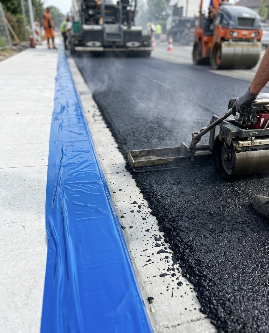 mise en scène d'un adhésif spécial. Appliqué sur une bordure de trottoir en béton, juste avant la pose d'enrobé (bitume), pour le protéger contre d'éventuels débordements de goudron.