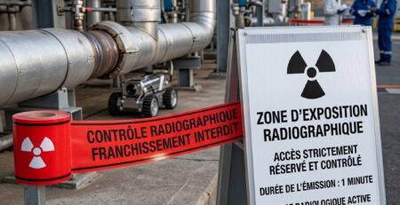 Pack de signalisation de chantier : ruban de délimitation de zone pour contrôle radiographique et panneaux Akilux d'avertissement de danger.
