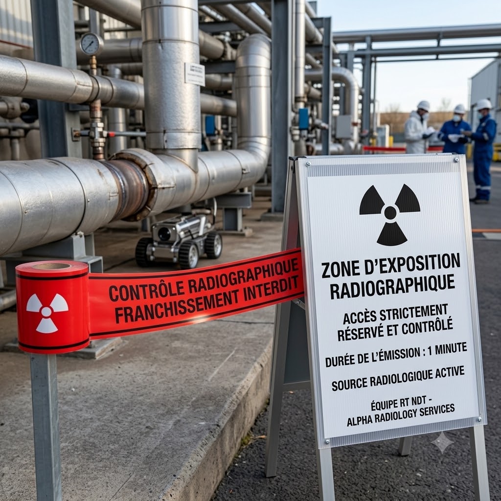 Pack de signalisation de chantier : ruban de délimitation de zone pour contrôle radiographique et panneaux Akilux d'avertissement de danger.